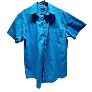 Van Heusen Shirt Men's Large Short Sleeve Classic Fit Button Down Blue Grid EUC